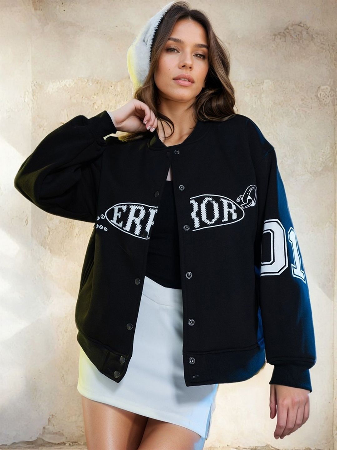 

HERSHEINBOX Women Fleece Crop Bomber with Patchwork Jacket, Black