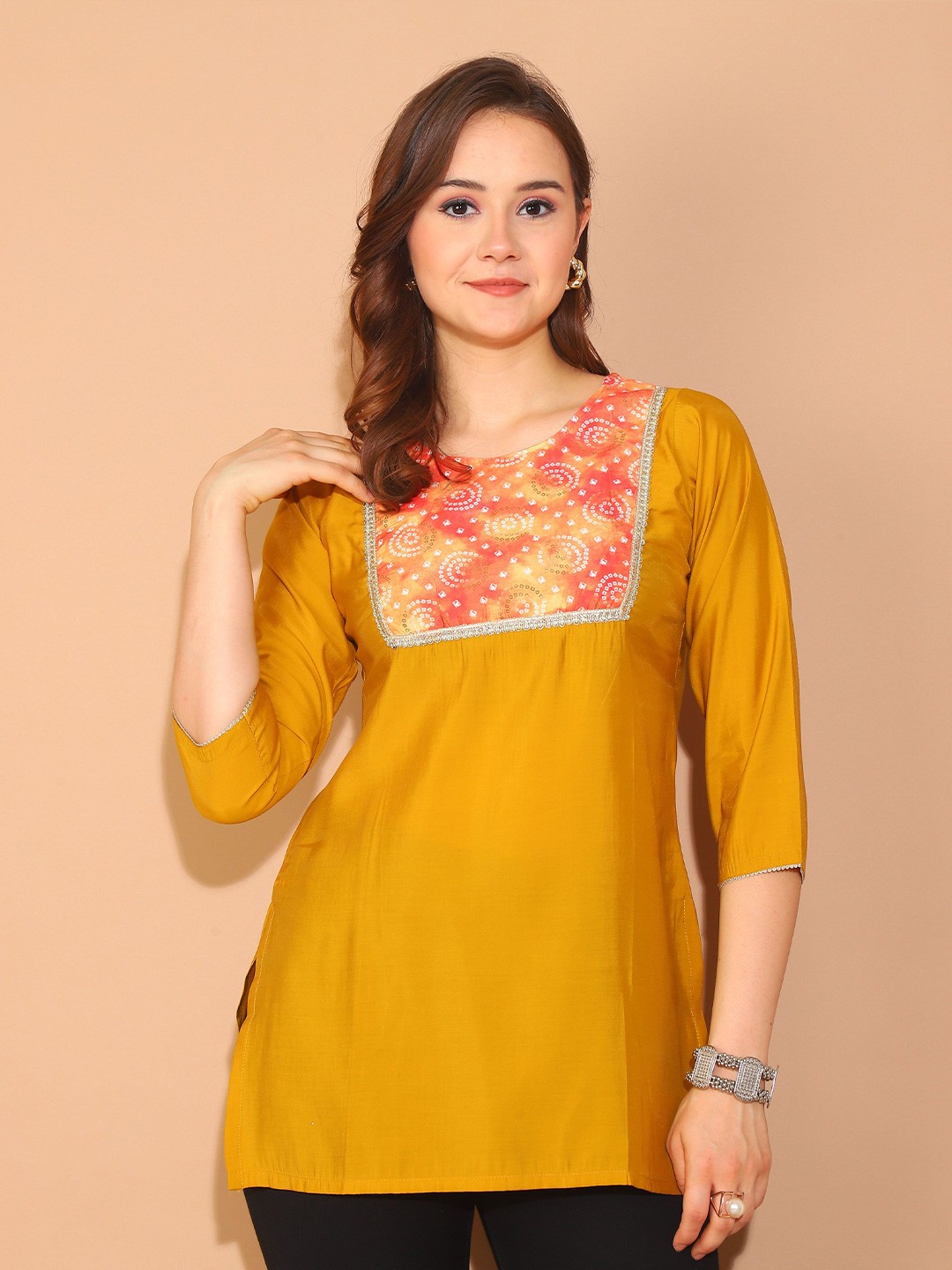 

Roly Poly Bandhani Printed Straight Kurti, Mustard