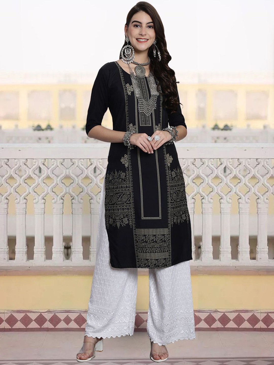 

7Threads Women Geometric Printed Sequinned Floral Crepe Kurta, Multi