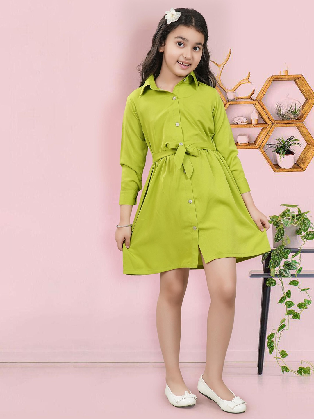 

RANJ Girls Shirt Collar Cuffed Sleeves A-Line Dress, Green