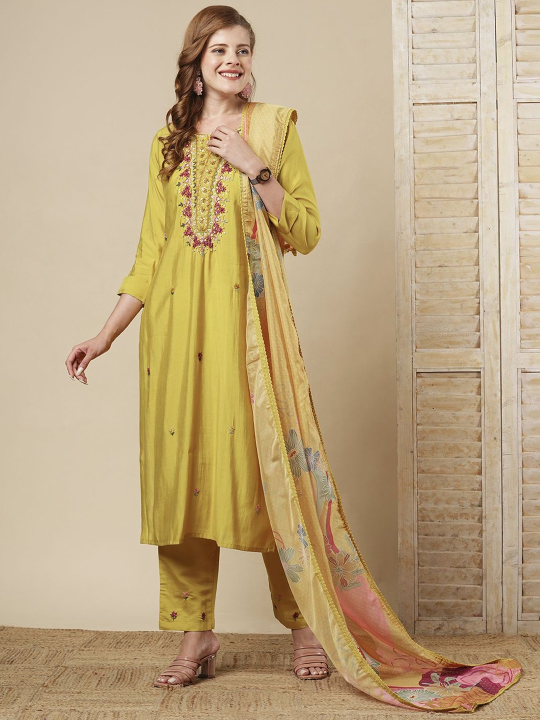 

FASHOR Women Floral Embroidered Regular Thread Work Kurta with Trousers & With Dupatta, Mustard