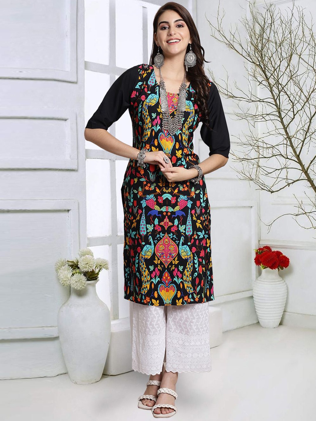 

7Threads Women Striped Keyhole Neck Flared Sleeves Thread Work Floral Crepe Kurta, Multi