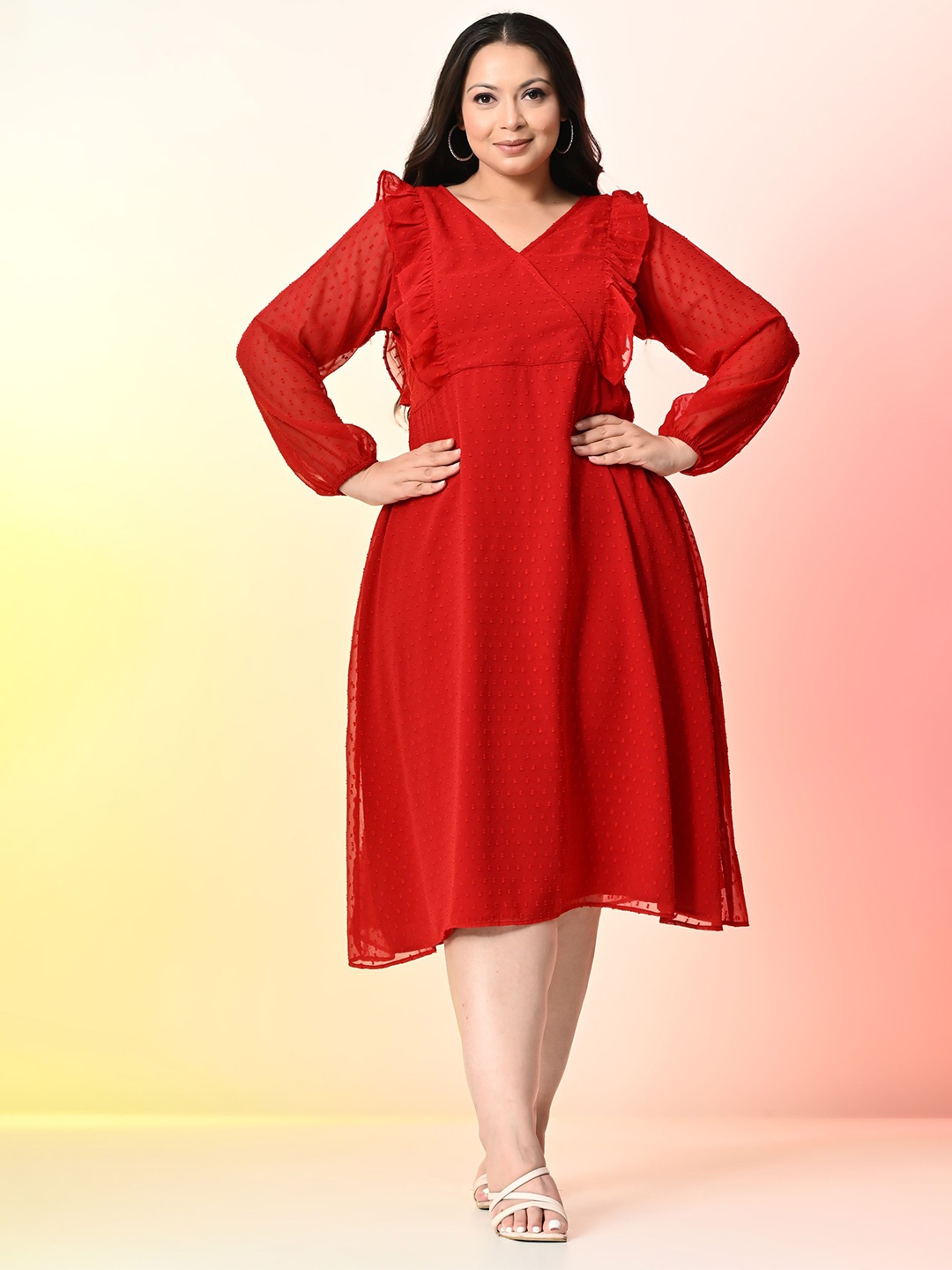 

PrettyPlus by Desinoor.com Plus Size V-Neck Cuffed Sleeves Wrap Midi Dress, Red