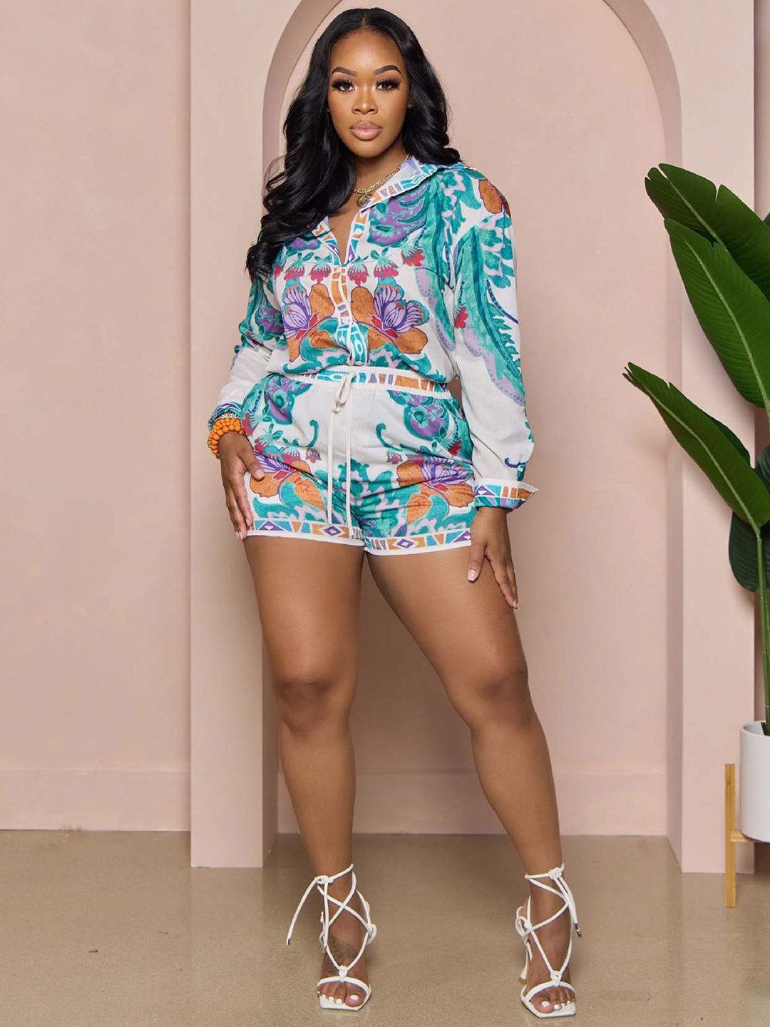 

LULU & SKY Printed Long Sleeves Shirt & Shorts Co-Ords, Blue