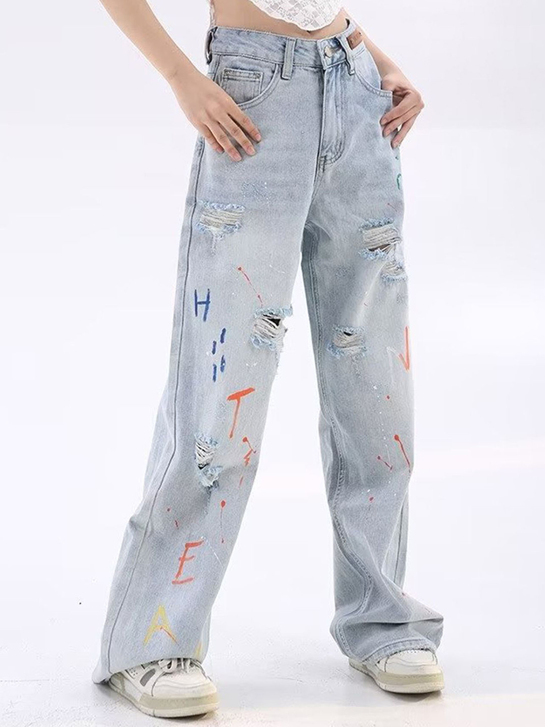 

LULU & SKY Women Wide Leg Mildly Distressed Heavy Fade Jeans, Blue