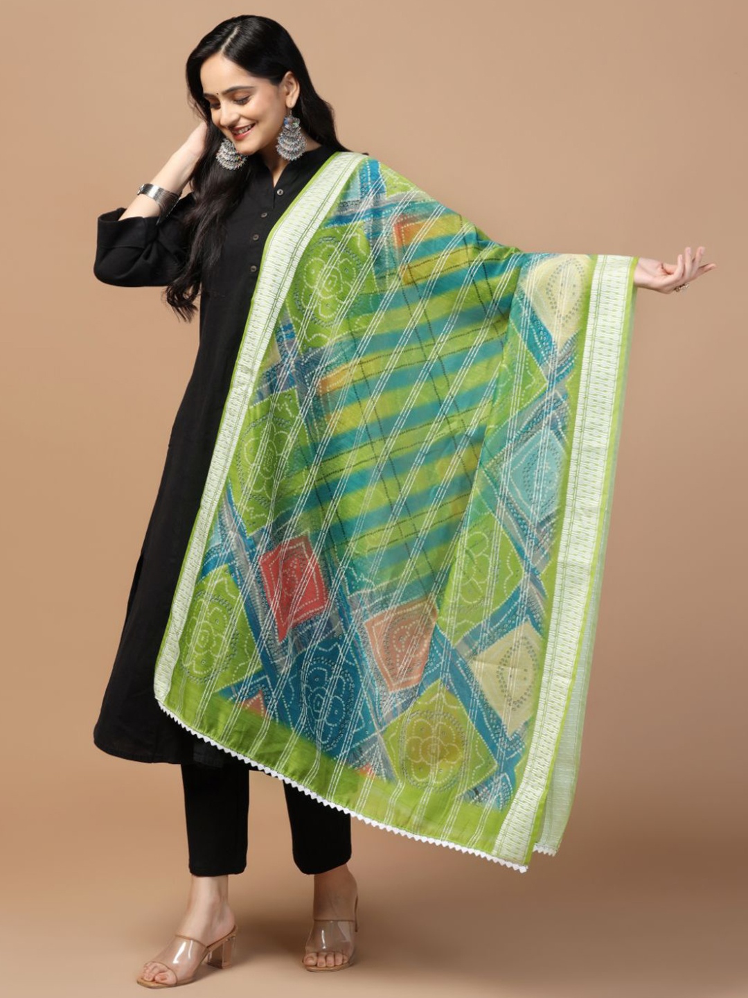 

Kaizen TEXO FAB Ethnic Motifs Printed Cotton Chanderi Dupatta, Green