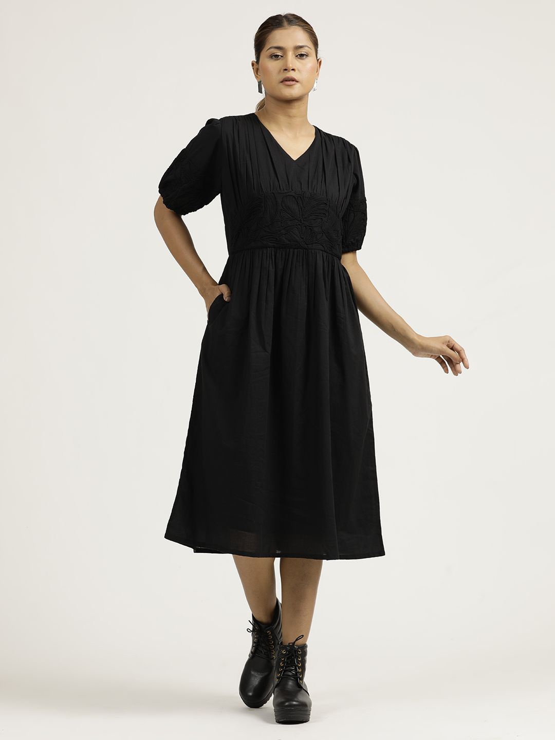 

Jaipur Kurti Dori Embroidered Gathered Cotton Dress, Black