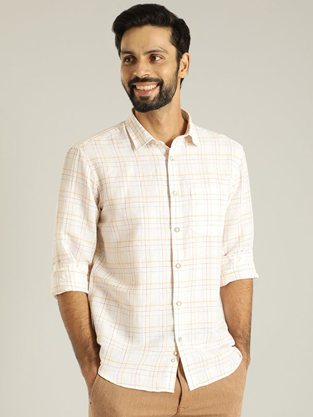

Indian Terrain Men India Slim Spread Collar Solid Slim Fit Casual Shirt, Off white