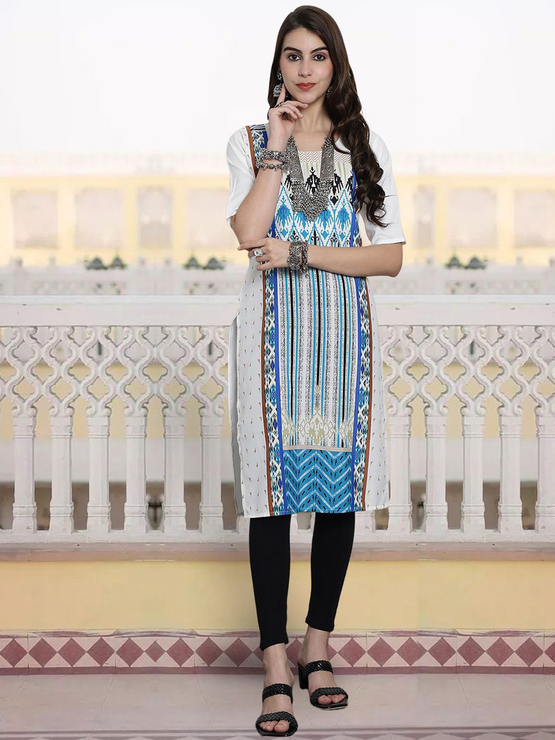 

7Threads Women Ethnic Motifs Checked Sequinned Floral Crepe Kurta, Multi