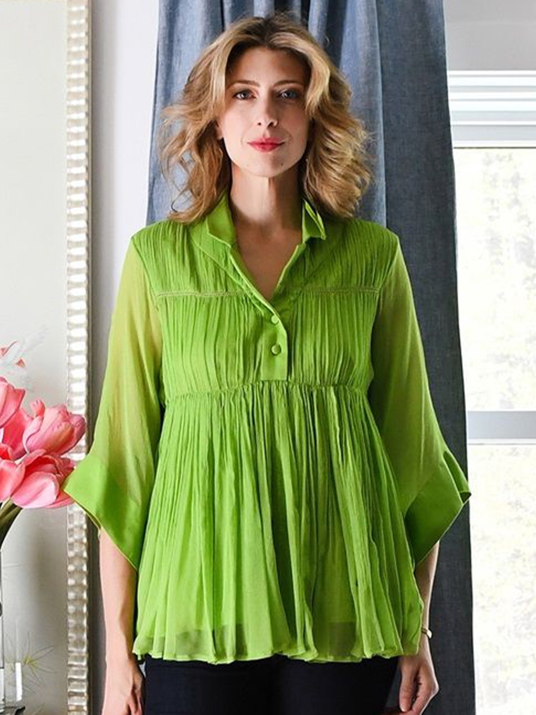 

Style Junkiie Floral Mandarin Collar Chiffon Top, Lime green