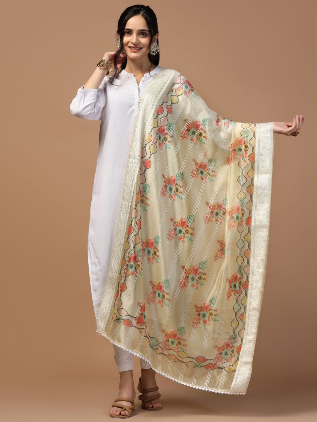 

Kaizen TEXO FAB Ethnic Motifs Printed Organza Dupatta, Beige