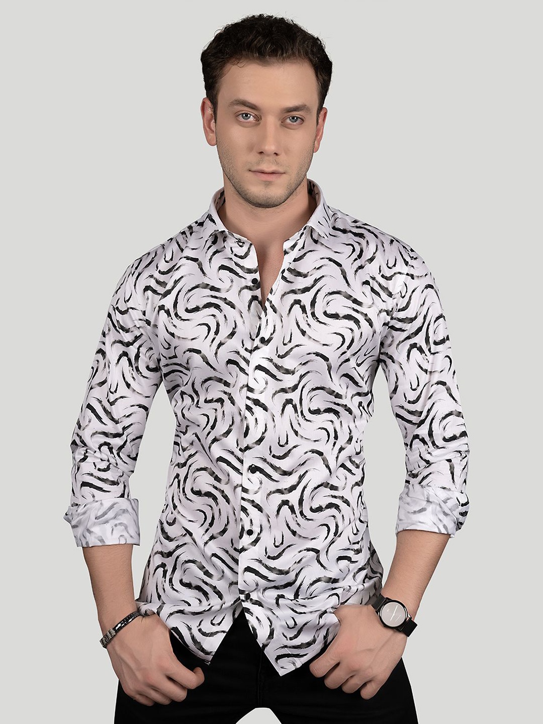 

ALMATY Men Comfort Slim Fit Opaque Printed Party Shirt, White