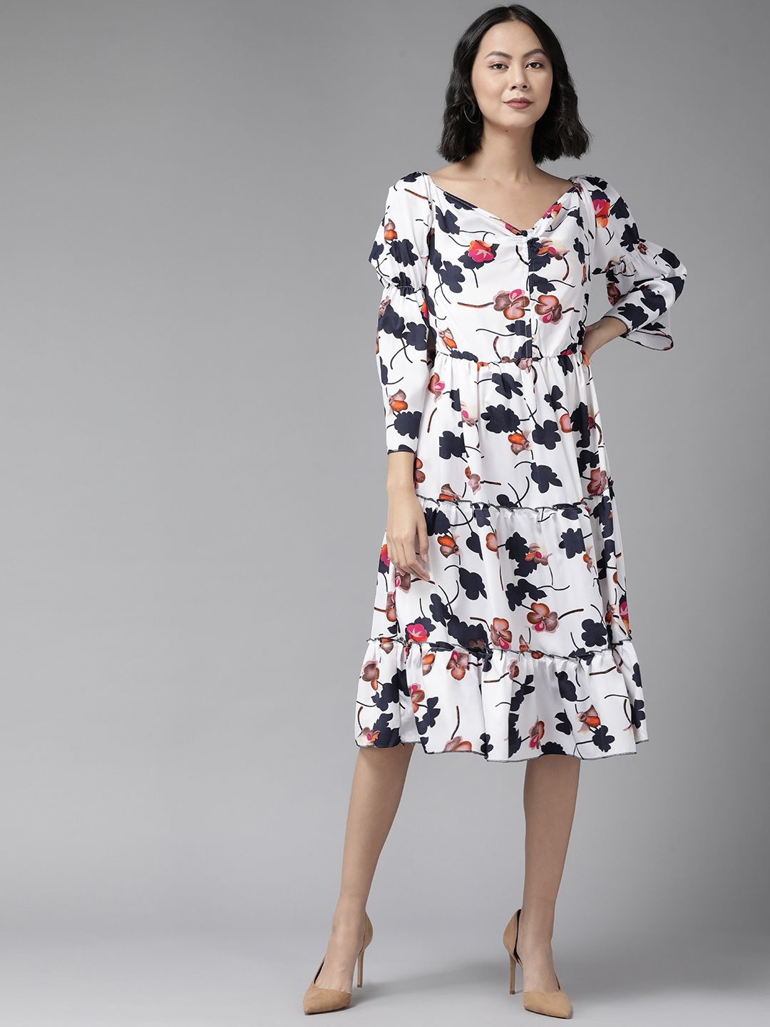 

BAESD Floral Print Bell Sleeve A-Line Midi Dress, White