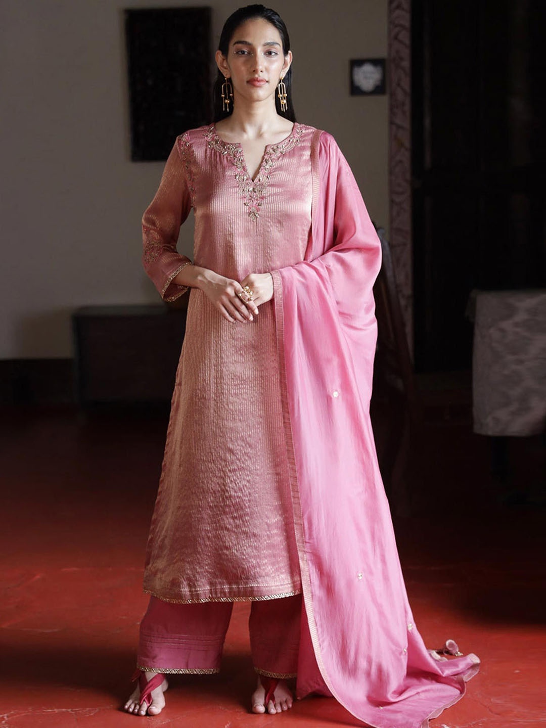 

Ganga Women Striped Regular Raw Silk Kurta with Palazzos & With Dupatta, Pink