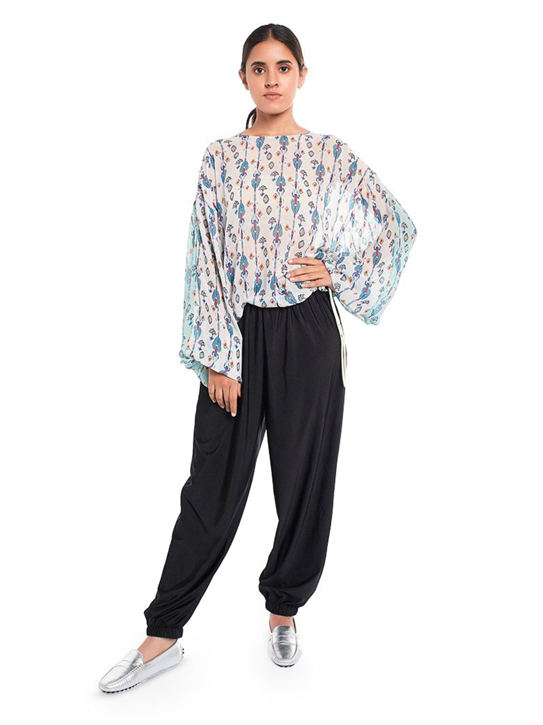 

PS PRET BY PAYAL SINGHAL Floral Print Mandarin Collar Georgette Top, White