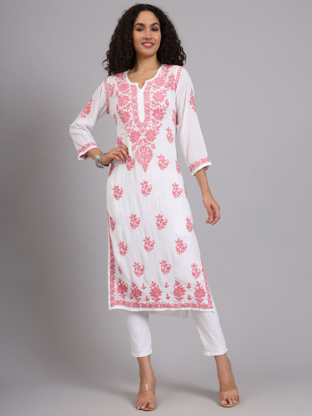 

The Chikan Label Women Ethnic Motifs Embroidered Flared Sleeves Chikankari Floral Kurta, Peach