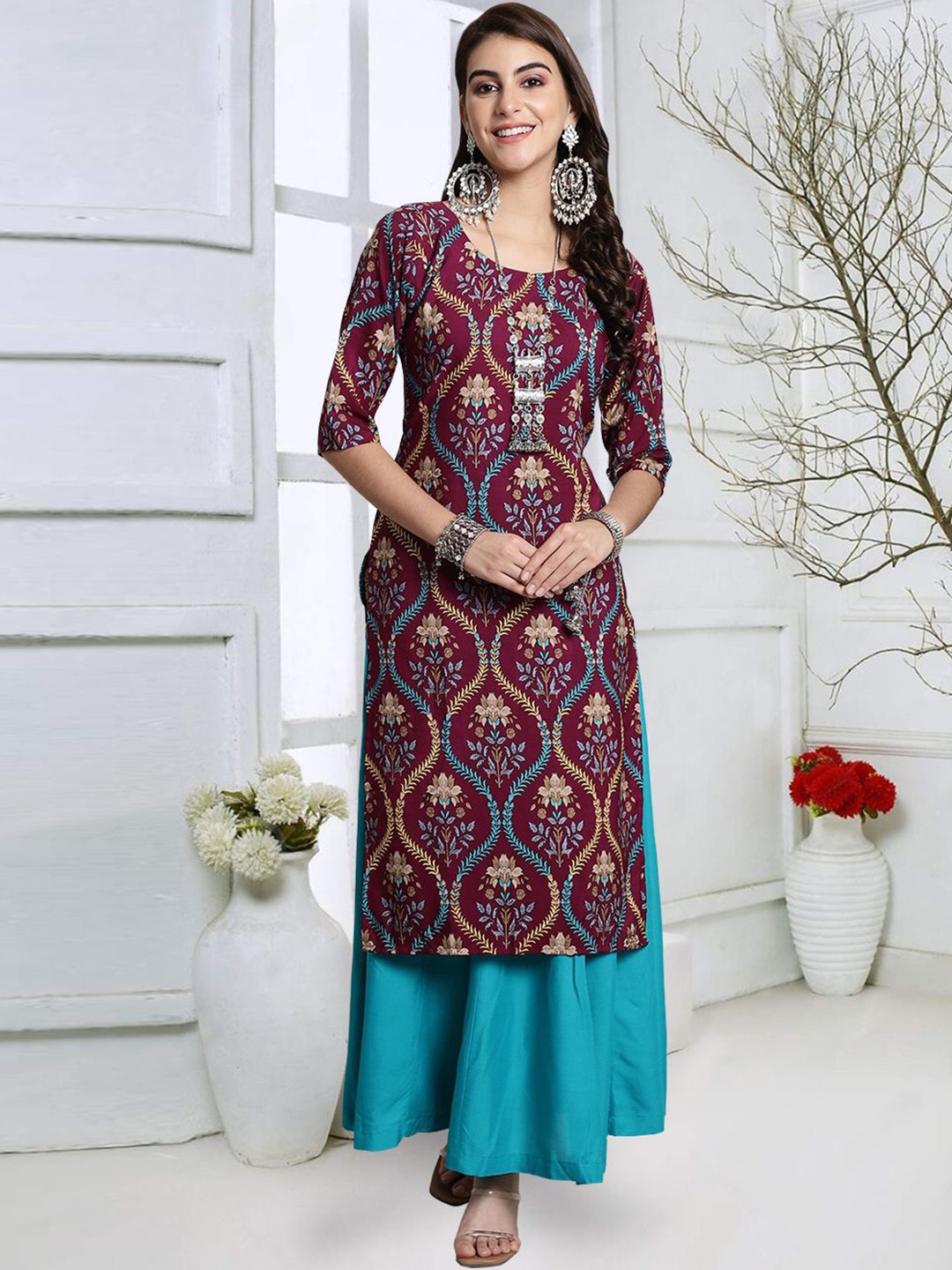 

7Threads Women Geometric Dyed Keyhole Neck Mirror Work Floral Crepe Kurta, Multi
