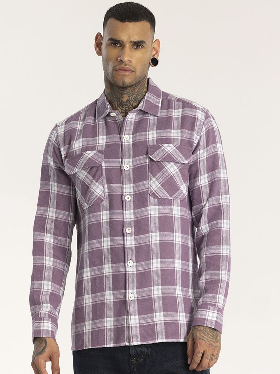 

Snitch Men Smart Slim Fit Tartan Checks Opaque Checked Casual Shirt, Purple