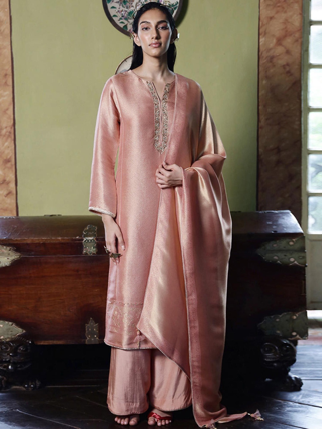 

Ganga Women Regular Raw Silk Kurta with Palazzos & With Dupatta, Peach