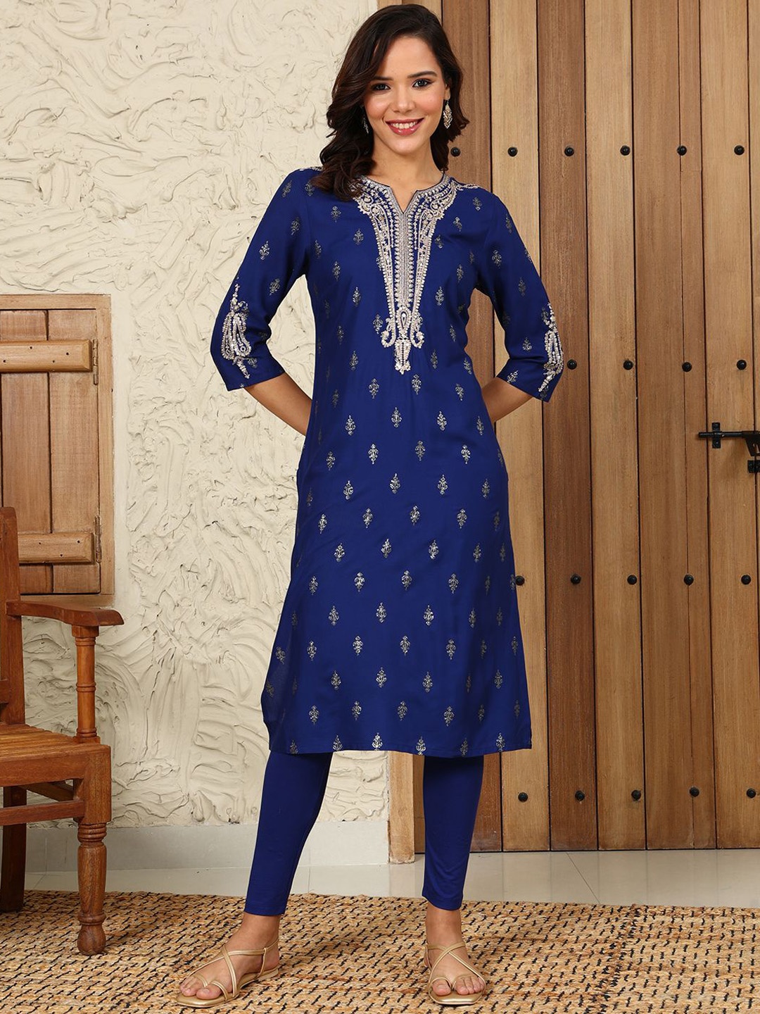 

W Women Ethnic Motifs Flared Sleeves Kurta, Blue