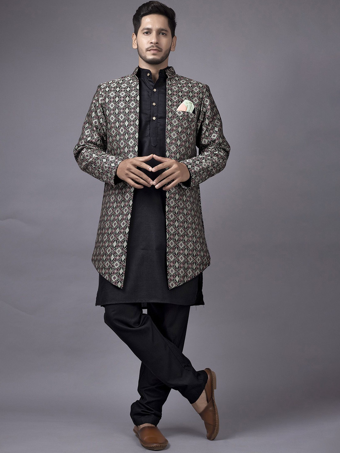 

amzira Printed Sherwani Set, Black
