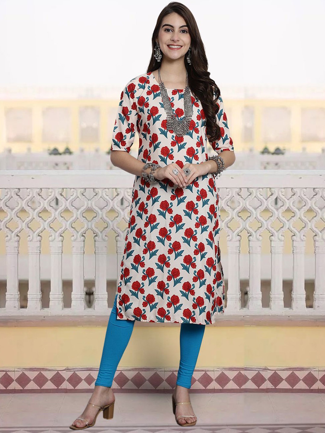 

7Threads Women Ethnic Motifs Printed Sequinned Floral Crepe Kurta, Multi