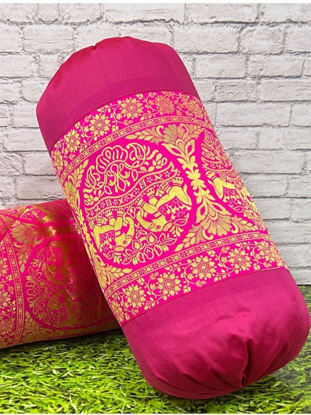 

Pink Parrot Pink & Yellow Set of 2 Ethnic Motifs Round Cushion Covers