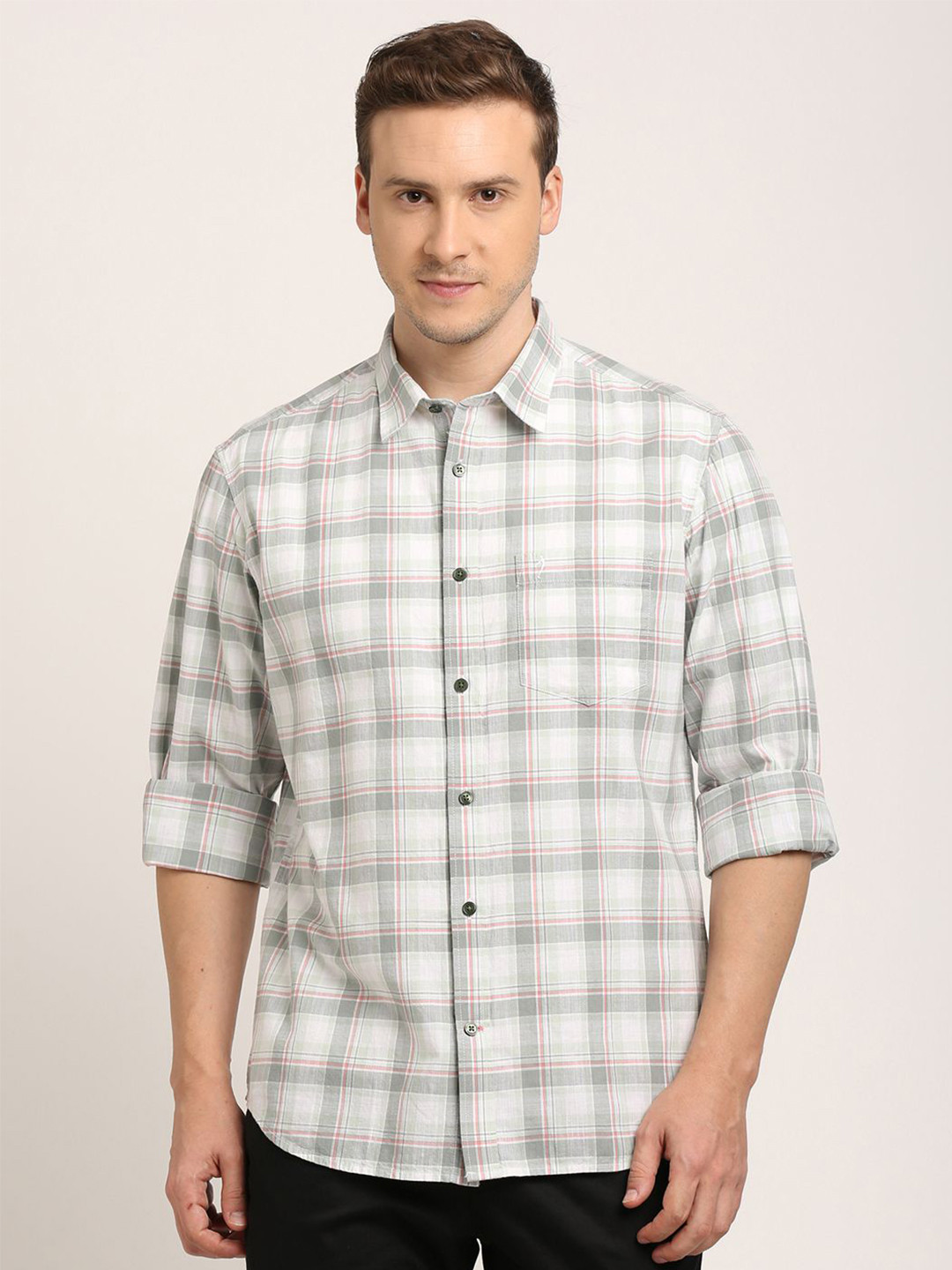 

Indian Terrain Men Classic Spread Collar Checked Cotton Casual Shirt, White