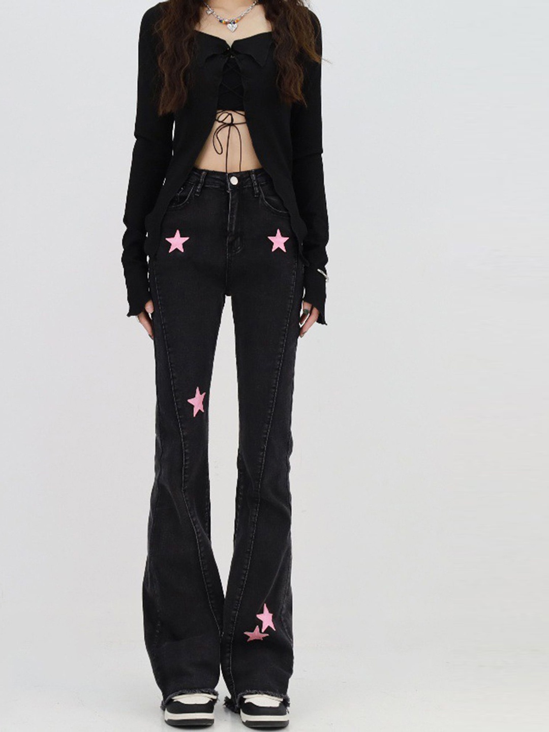 

LULU & SKY Women Bootcut High-Rise Star-applique Jeans, Black