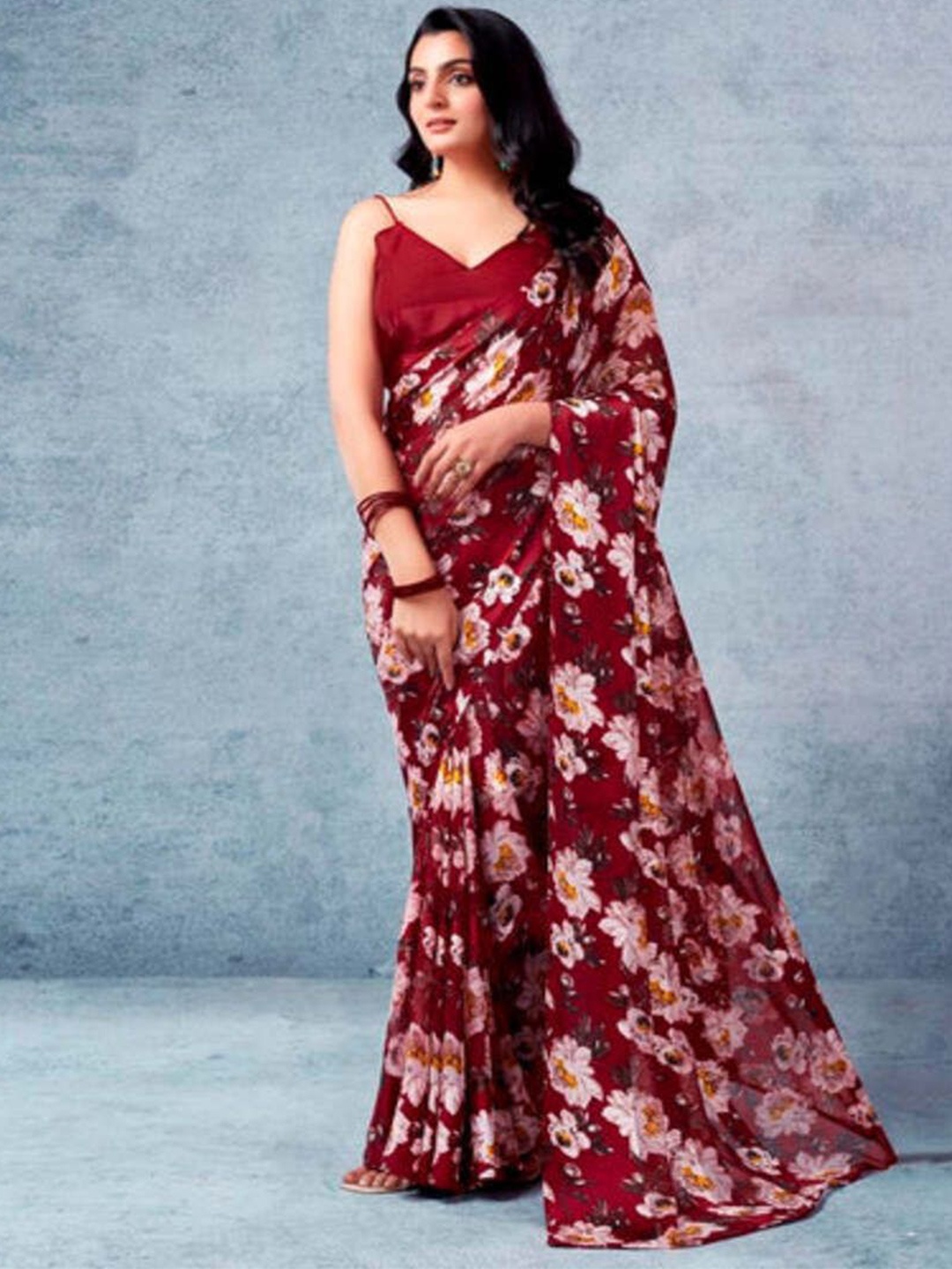 

Sanwariya Silk Floral Zari Pure Georgette Bagh Saree, Red