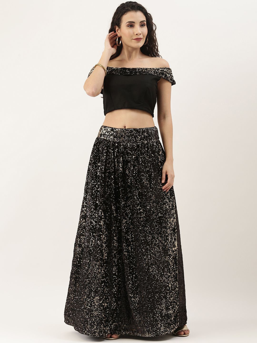 

Ethnovog Embroidered Sequinned Ready to Wear Lehenga &, Black