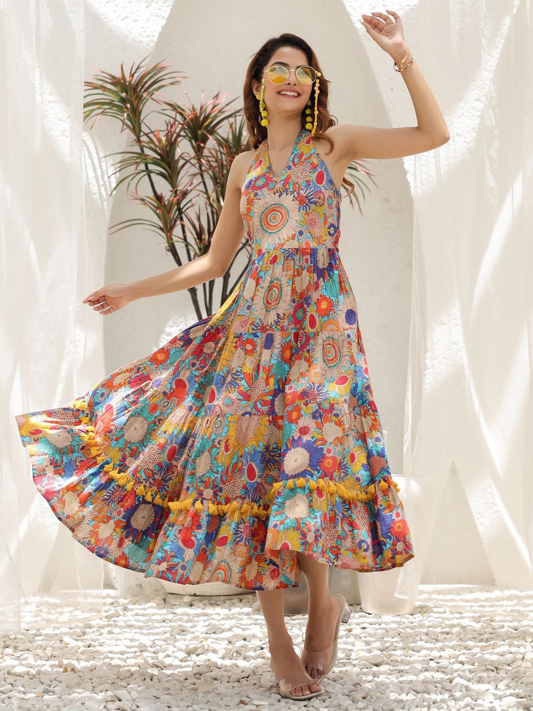 

Rain & Rainbow Floral Printed Pure Cotton Fit & Flare Ethnic Dress, Beige