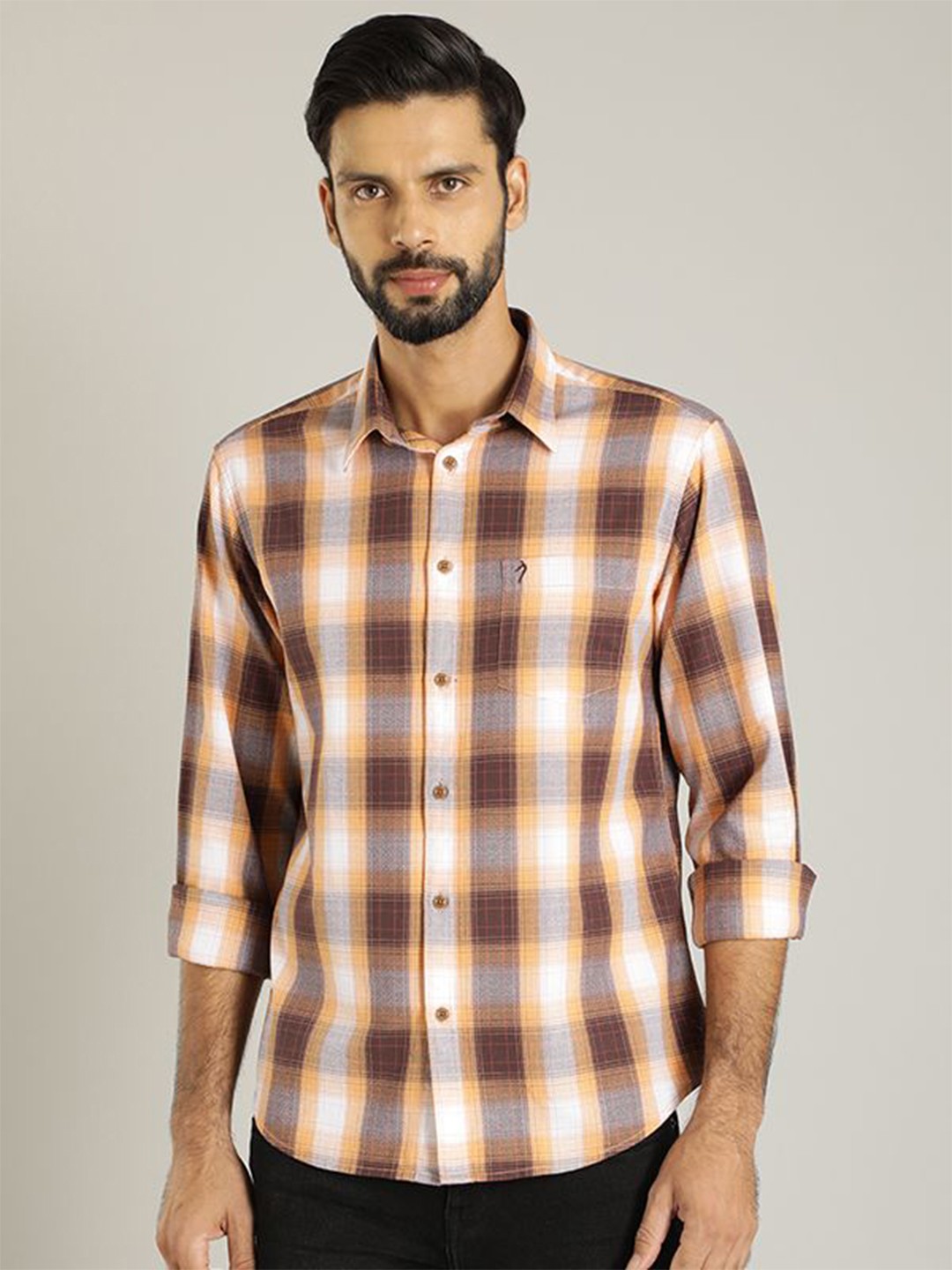 

Indian Terrain Men India Slim Spread Collar Tartan Checked Cotton Slim Fit Casual Shirt, Brown