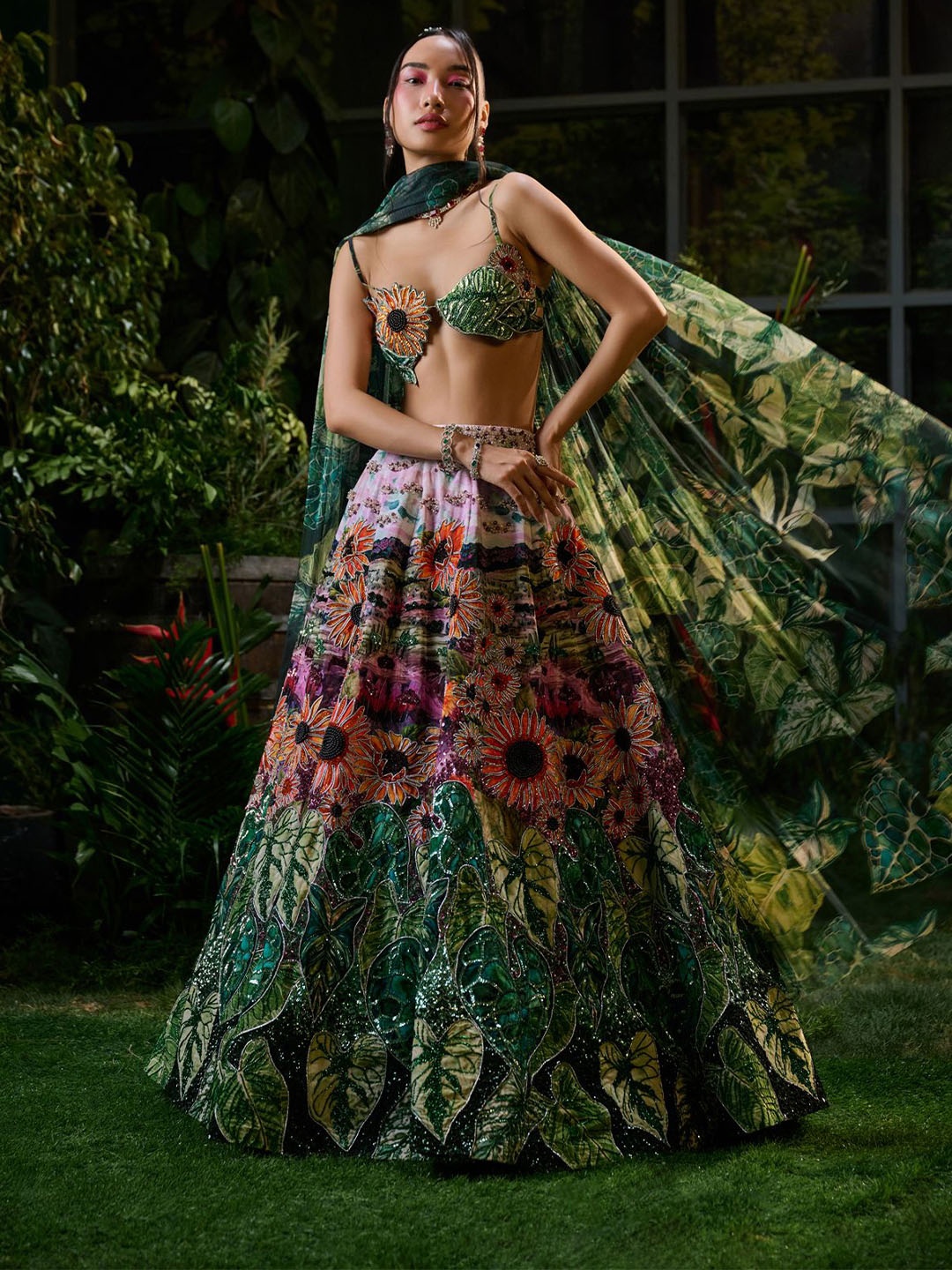 

Payal & Zinal Embroidered Foil Print Ready to Wear Lehenga Blouse With Dupatta, Green