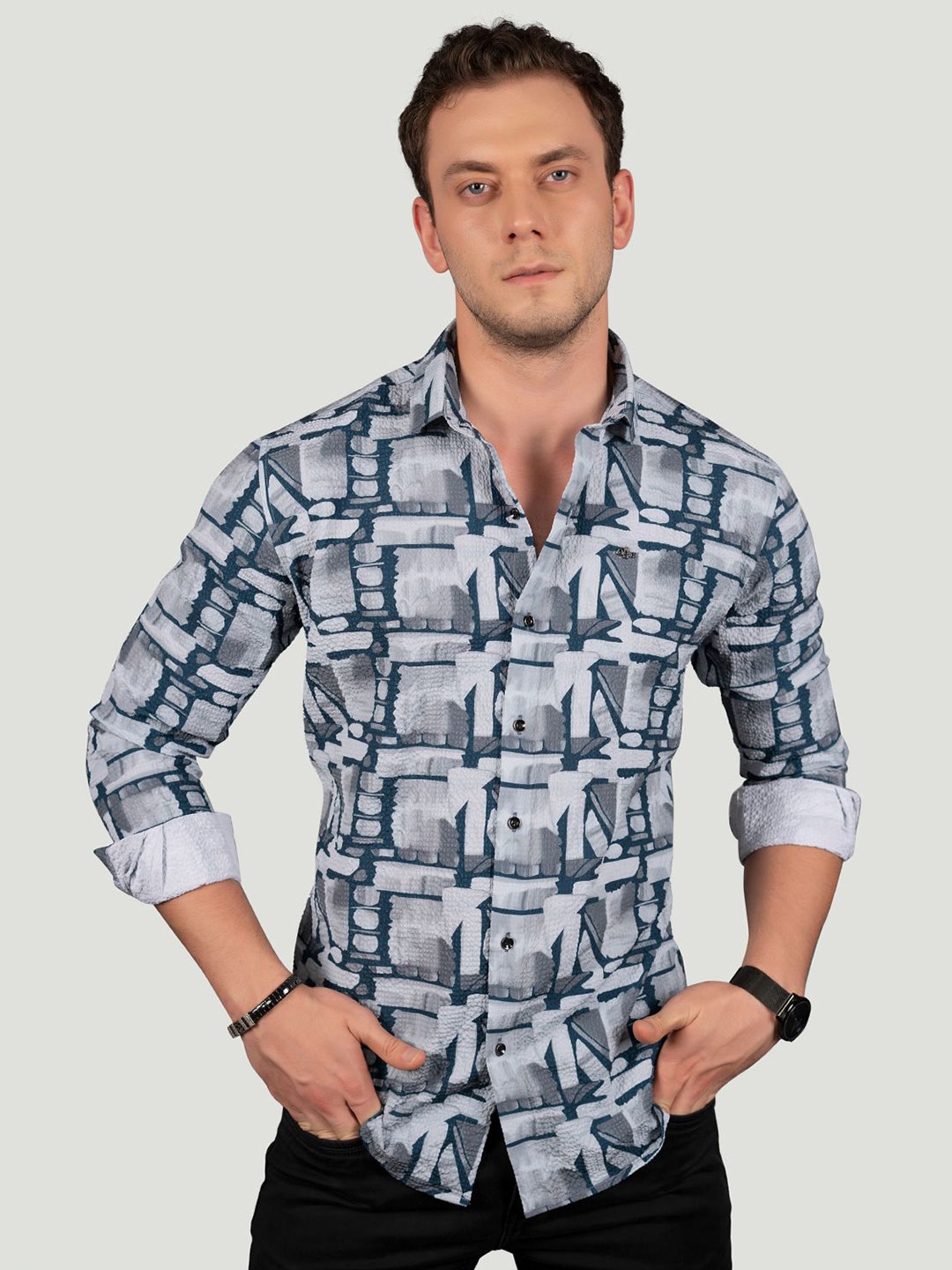 

ALMATY Men Comfort Slim Fit Opaque Printed Party Shirt, Blue