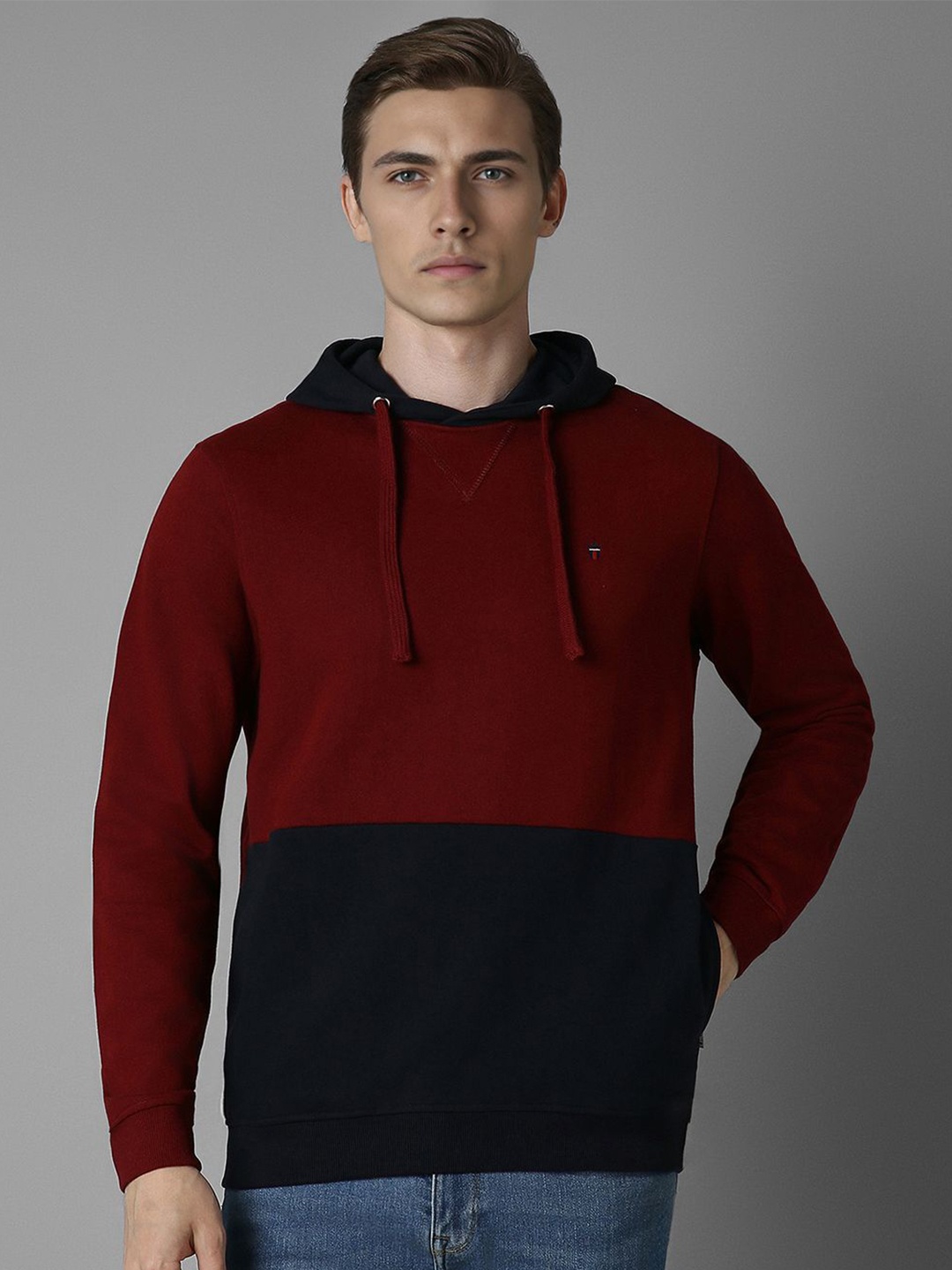 

Louis Philippe Jeans Men Colourblocked Hooded Sweatshirt, Maroon
