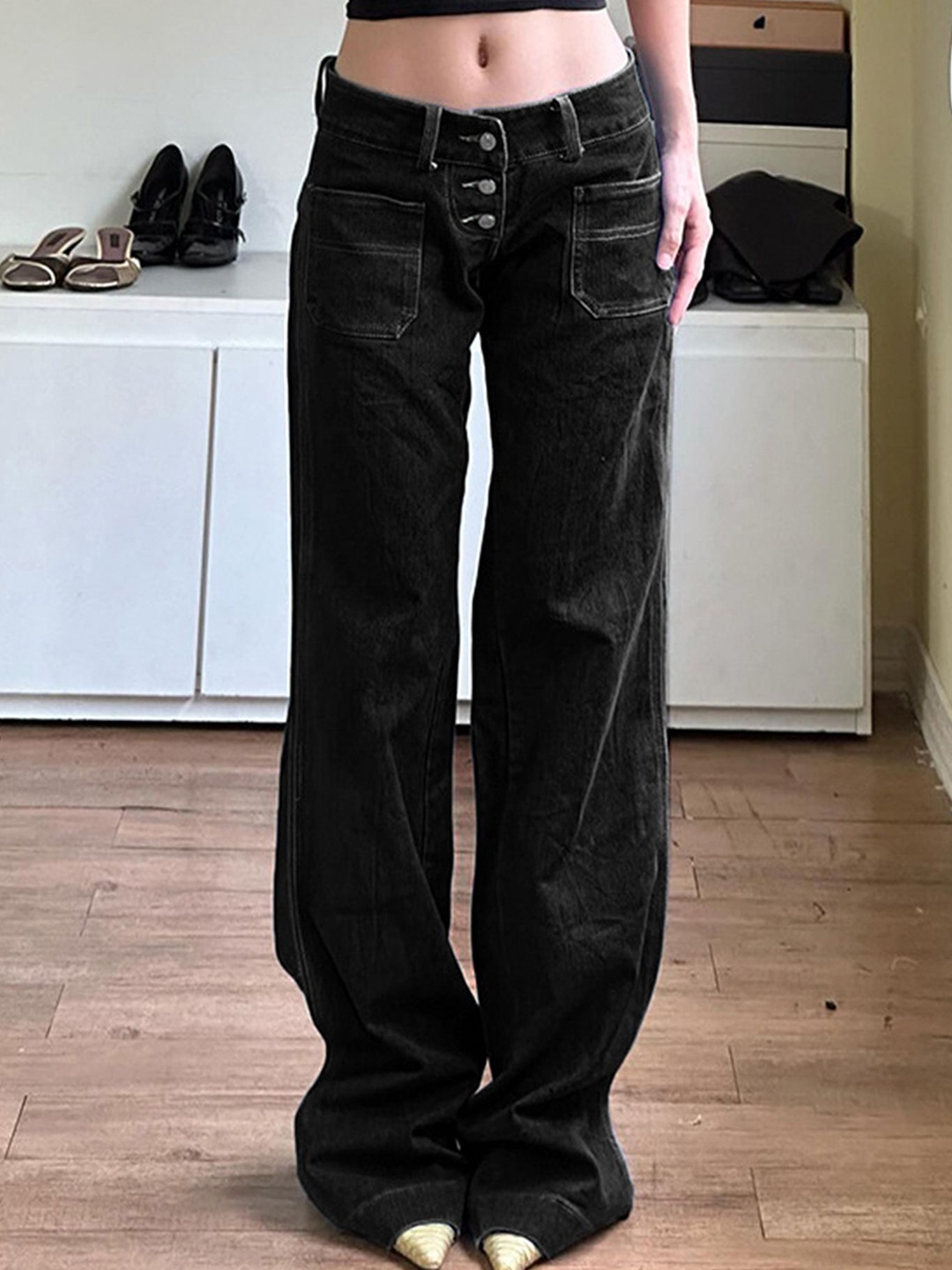 

LULU & SKY Women Straight Fit Cotton Low-Rise Jeans, Black