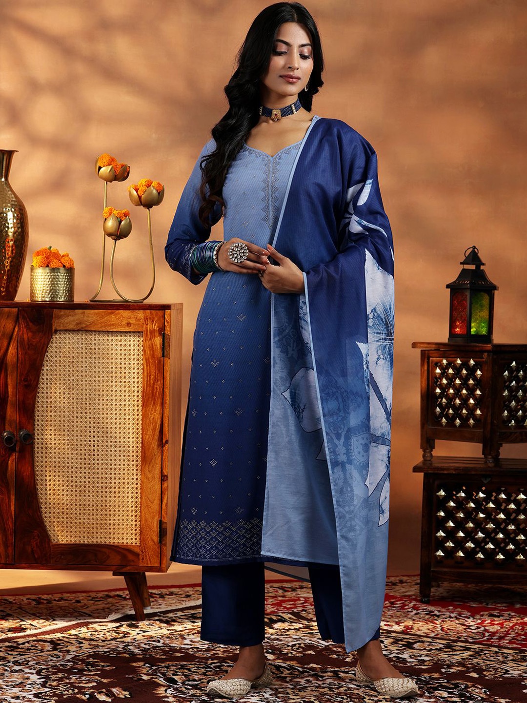 

Libas Women Ombre Dyed Regular Beads and Stones Kurta with Trousers & With Dupatta, Blue