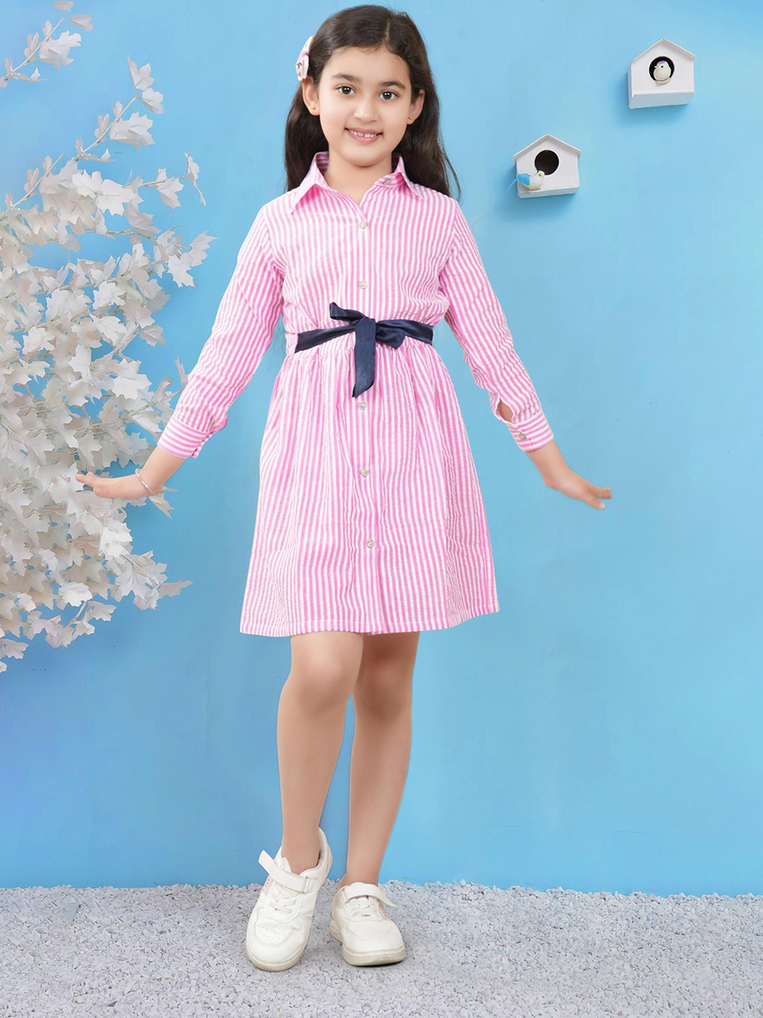 

RANJ Girls Striped Shirt Collar Cuffed Sleeves Belted Cotton Shirt Dress, Pink