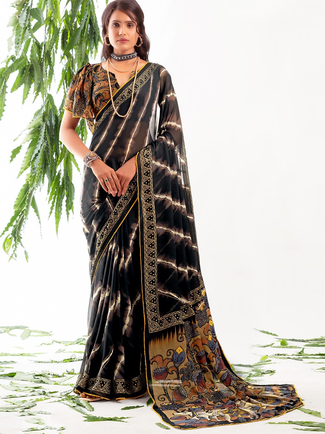 

Mitera Striped Poly Chiffon Saree, Black