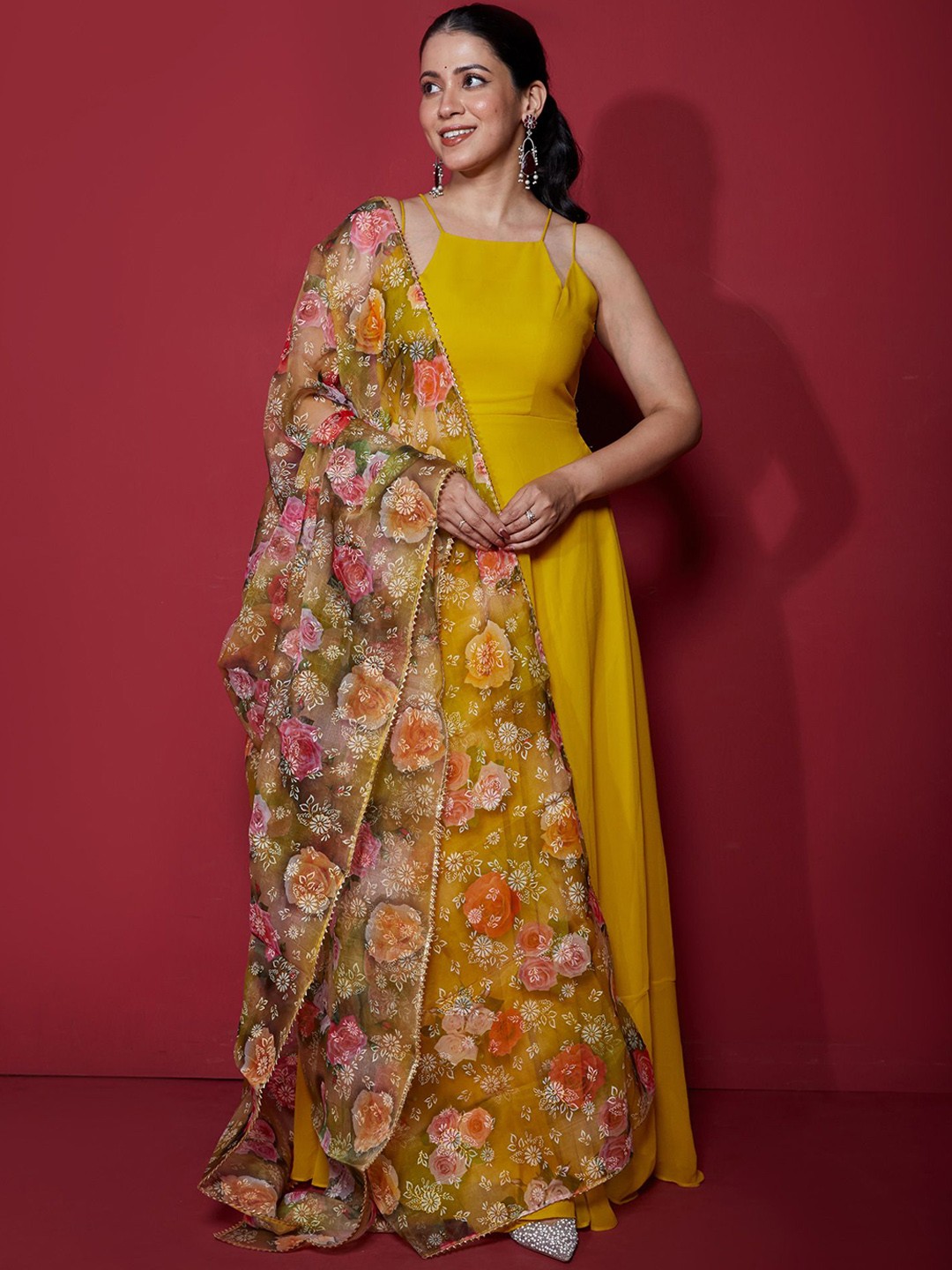 

NUD Women Floral Flared Sleeves Georgette Kurta, Yellow
