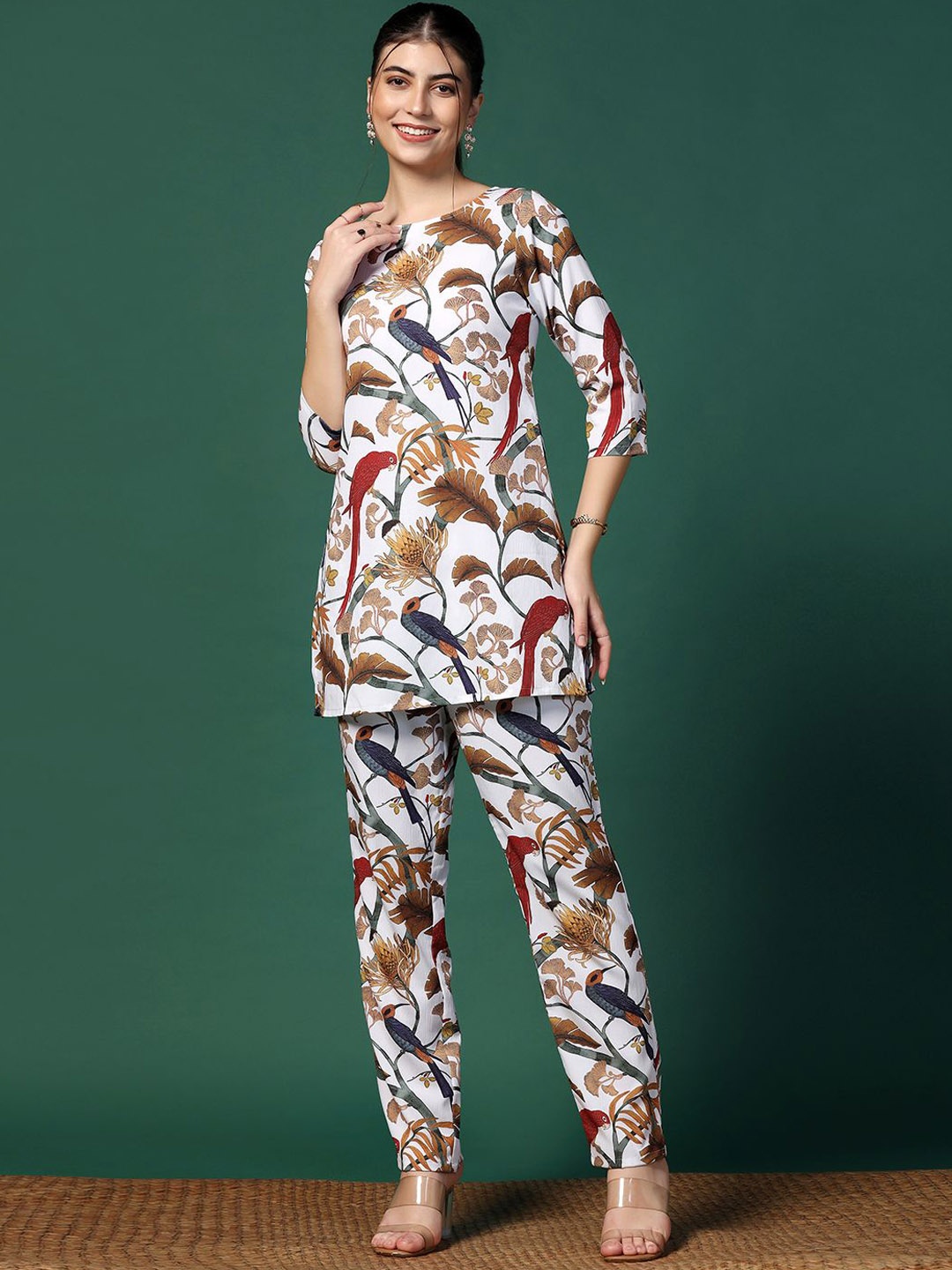 

OMPAX Printed Top With Trouser Co-Ords, Off white