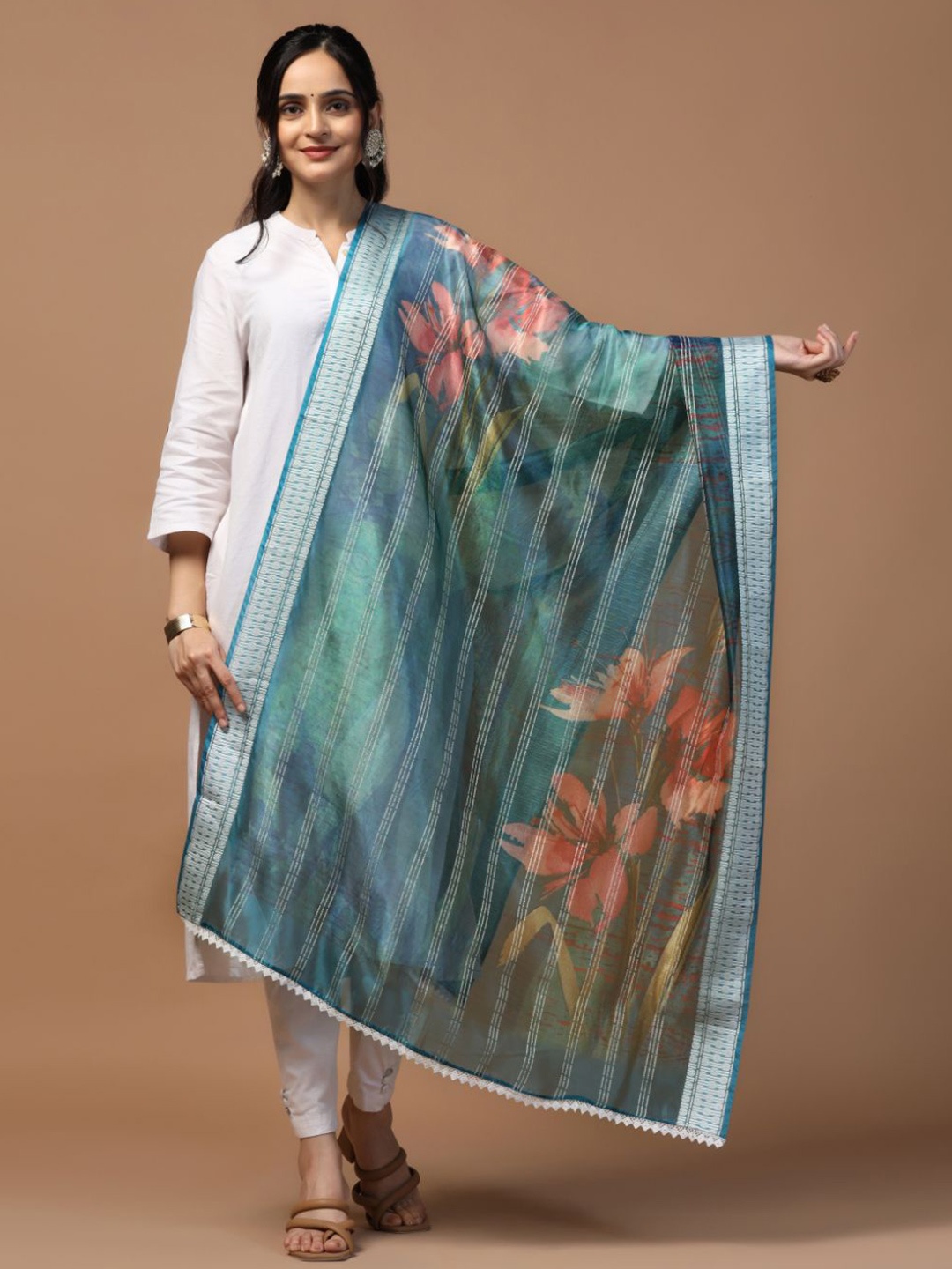 

Kaizen TEXO FAB Floral Printed Dupatta, Turquoise blue