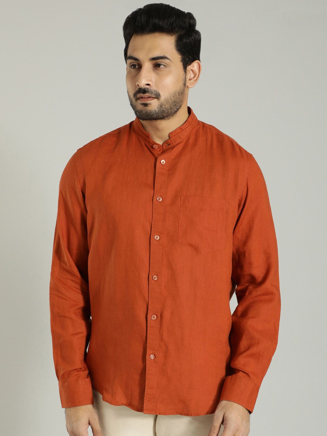 

Indian Terrain Men India Slim Band Collar Solid Linen Slim Fit Casual Shirt, Rust