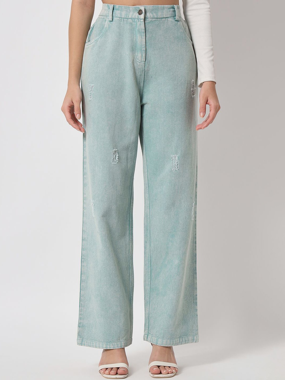 

Orchid Blues Women Flared High-Rise Low Distress Pure Cotton Jeans, Green