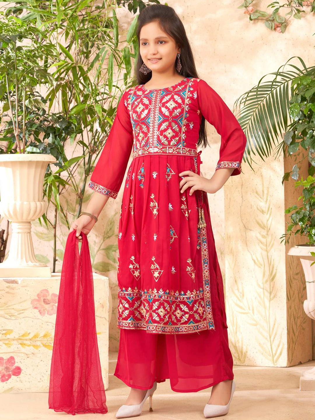 

Aarika Girls Floral Embroidered Regular Mirror Work Kurta with Sharara & With Dupatta, Pink