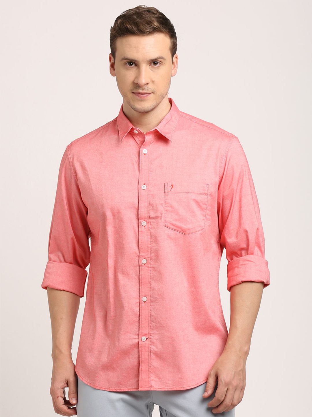 

Indian Terrain Men Classic Spread Collar Solid Cotton Casual Shirt, Pink