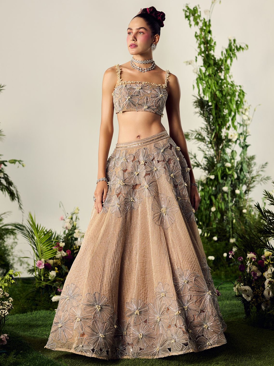 

Payal & Zinal Embellished Beads and Stones Ready to Wear Lehenga, Nude