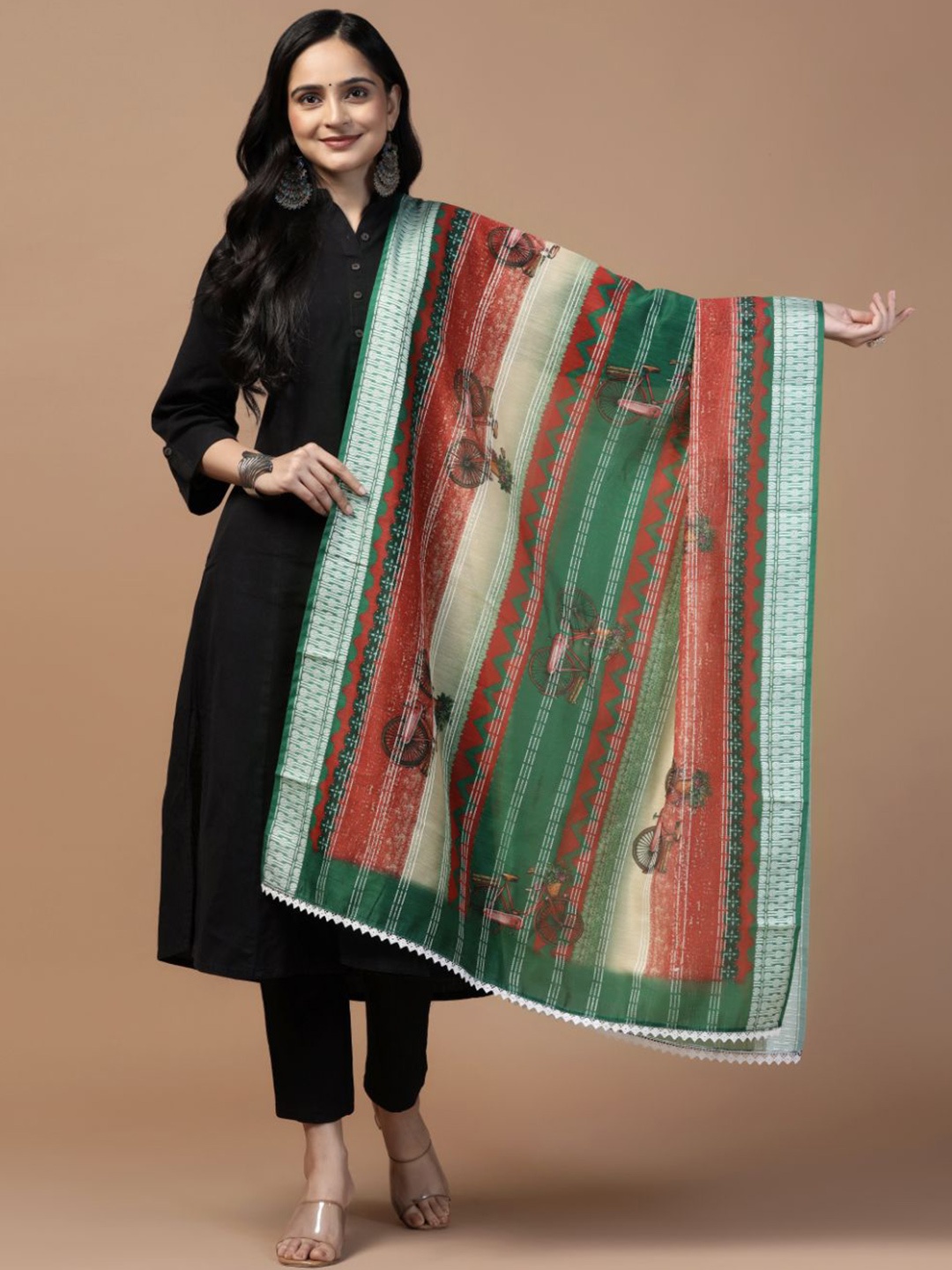 

Kaizen TEXO FAB Floral Printed Chanderi Cotton Dupatta, Green