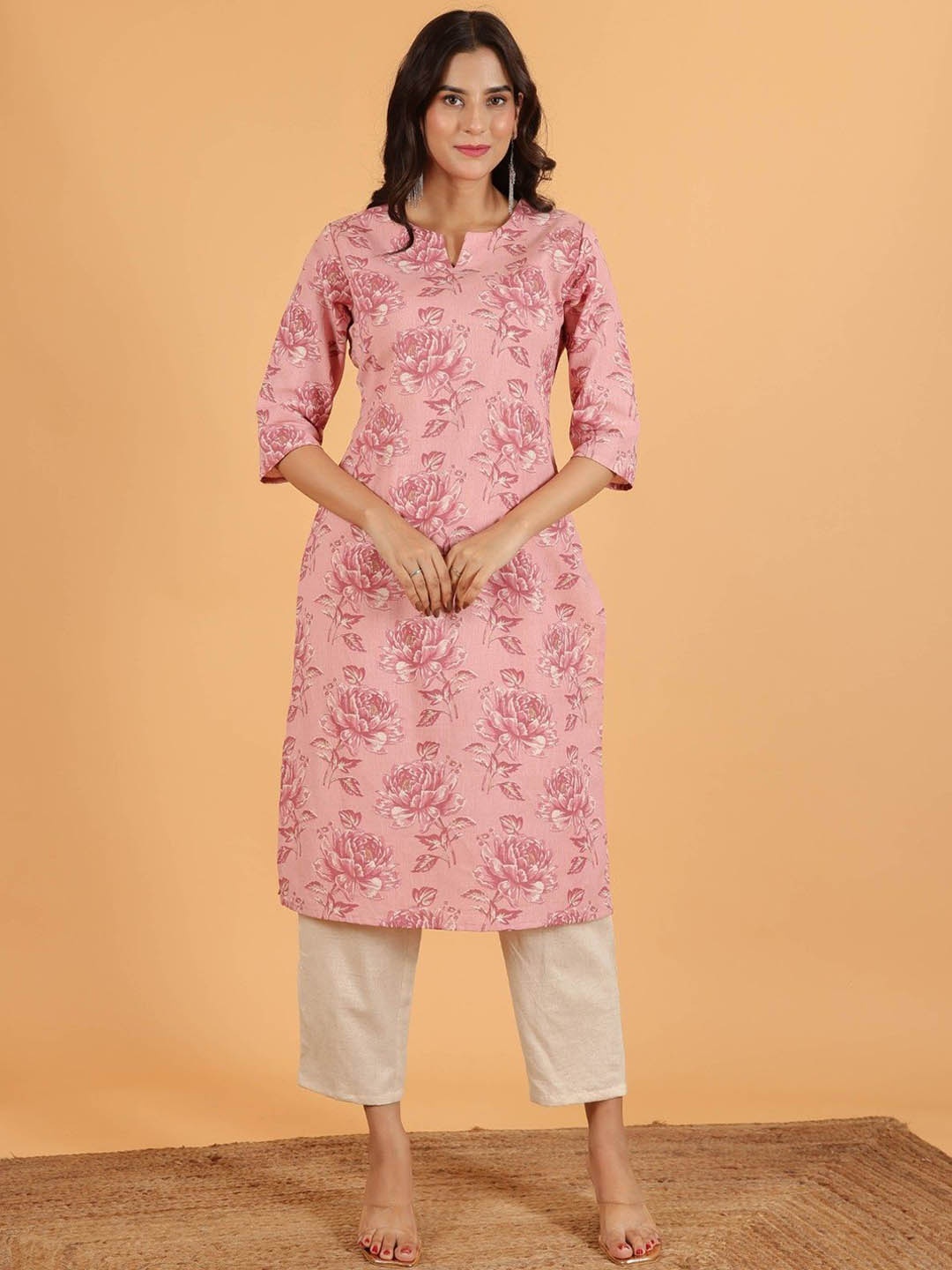 

Aramya Women Floral Printed Regular Linen Kurta with Trousers, Pink